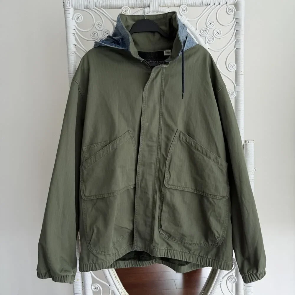 Levi's Premium‎ Jacket Mens XL Green Hooded Work Pocket Canvas Military Utility